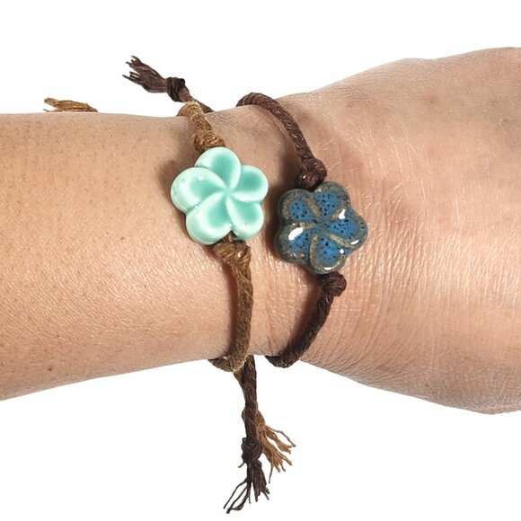 Handmade Cord Bracelet Ceramic Flower Bead Charm Lot Of 2 OS Adjustable Boho C - Picture 1 of 9